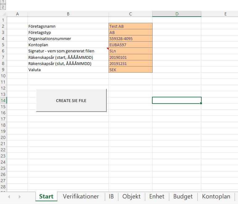 Verktyg för att skapa en SIE-fil från Excel