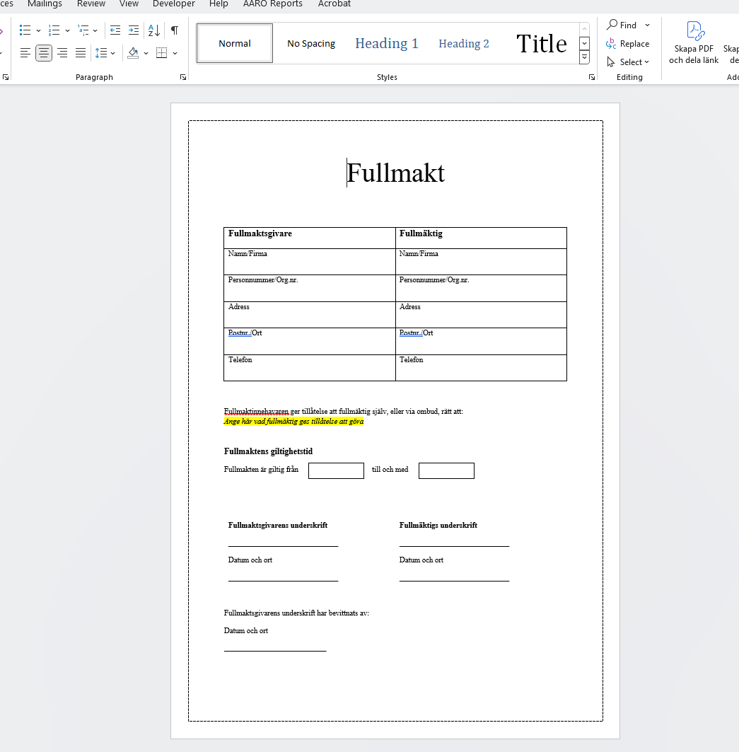 Mall för Fullmakt i Word